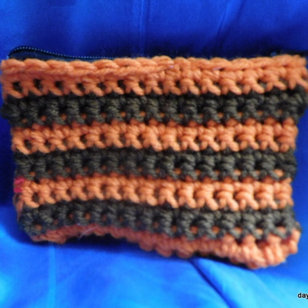 New Brown and Orange crocheted change purse with zipper and keyring